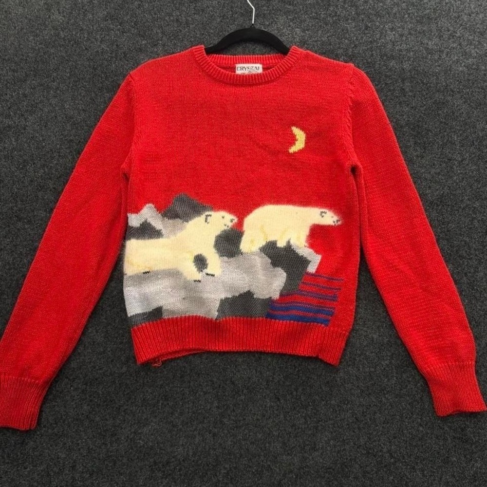 Crystal Polar Bear Sweater Women's Medium Red Novelty Nature Knit